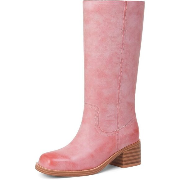 Shoes - Women's Pink Mid Calf Boots Chunky Block Heel Square Toe Comfortable Casual